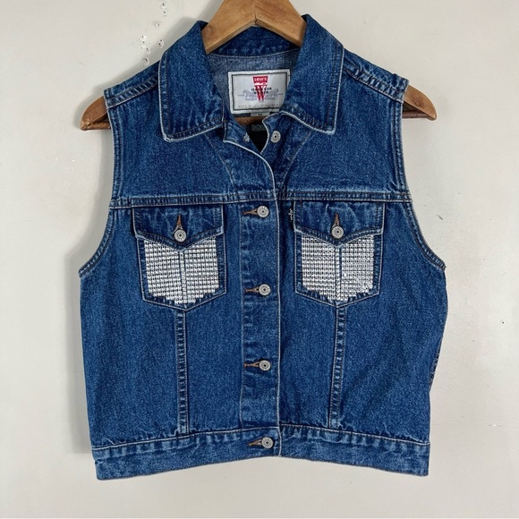 Vintage Lev’s Women’s Custom Jewelled Jean Jacket Vest Y2K 90’s Cotton Retro - Picture 1 of 9